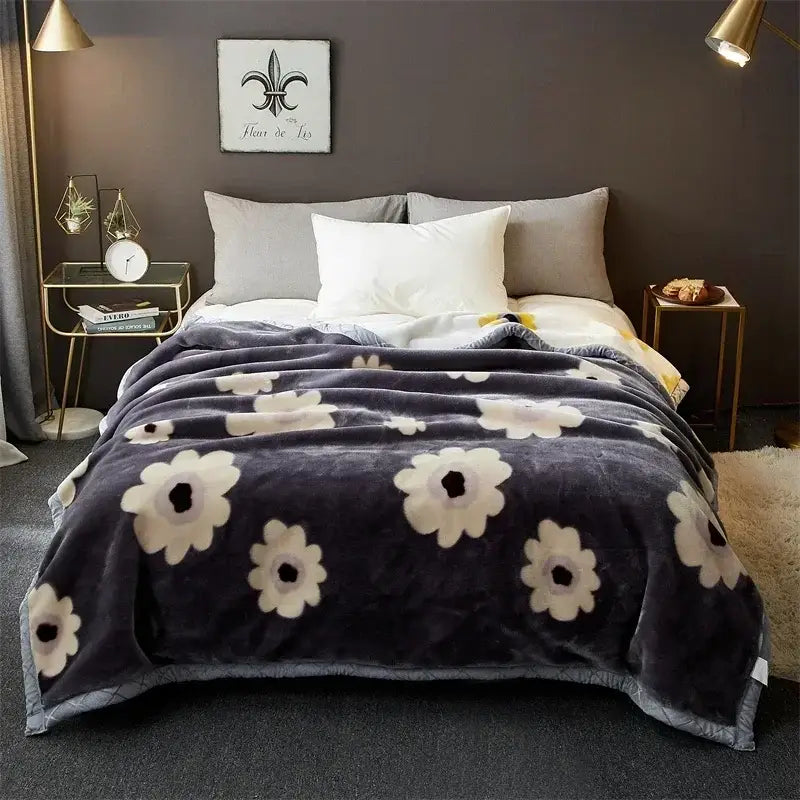Floral gray & yellow cozy flocked raschel blanket bedroom bedding