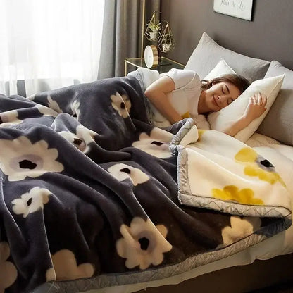 Floral gray & yellow cozy flocked raschel blanket bedroom bedding