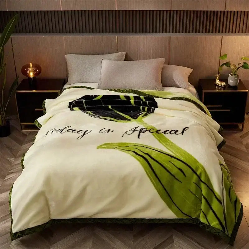 Floral gray & yellow cozy flocked raschel blanket bedroom bedding