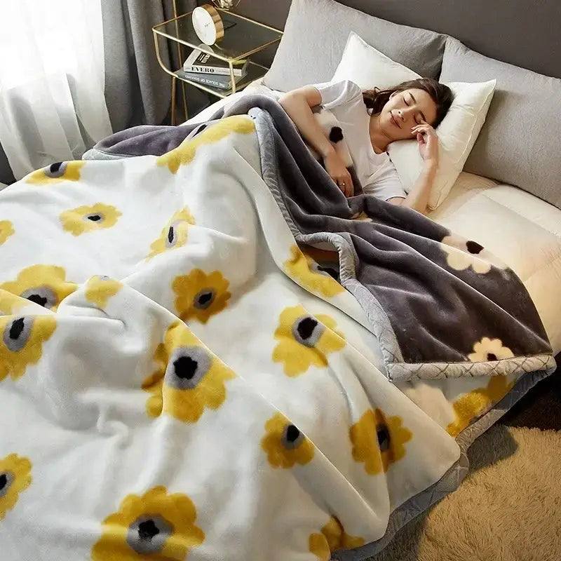 Floral gray & yellow cozy flocked raschel blanket bedroom bedding
