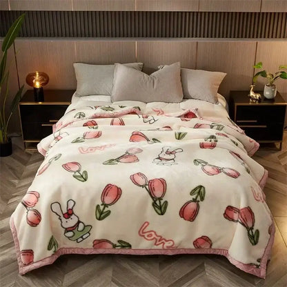 Floral gray & yellow cozy flocked raschel blanket bedroom bedding