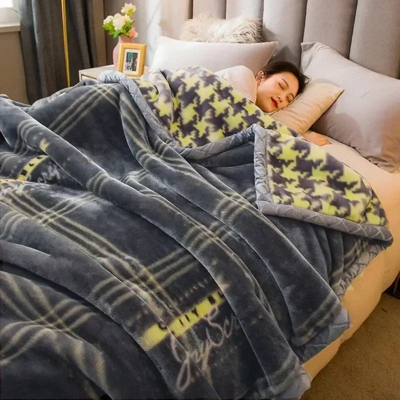 Floral gray & yellow cozy flocked raschel blanket bedroom bedding