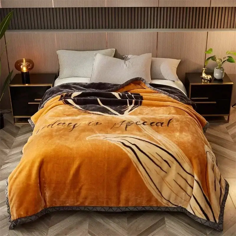 Floral gray & yellow cozy flocked raschel blanket bedroom bedding