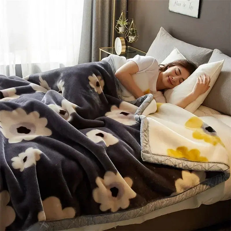 Floral gray & yellow cozy flocked raschel blanket bedroom bedding