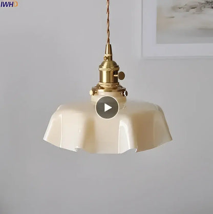 Floral green glass pendant light for dining room golden brass finish