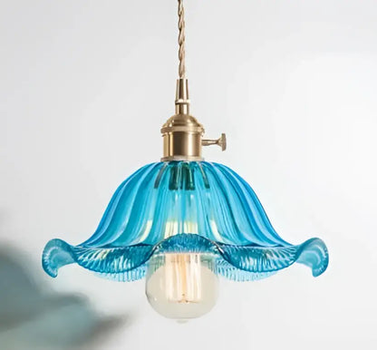 Floral green glass pendant lights for living room in golden brass