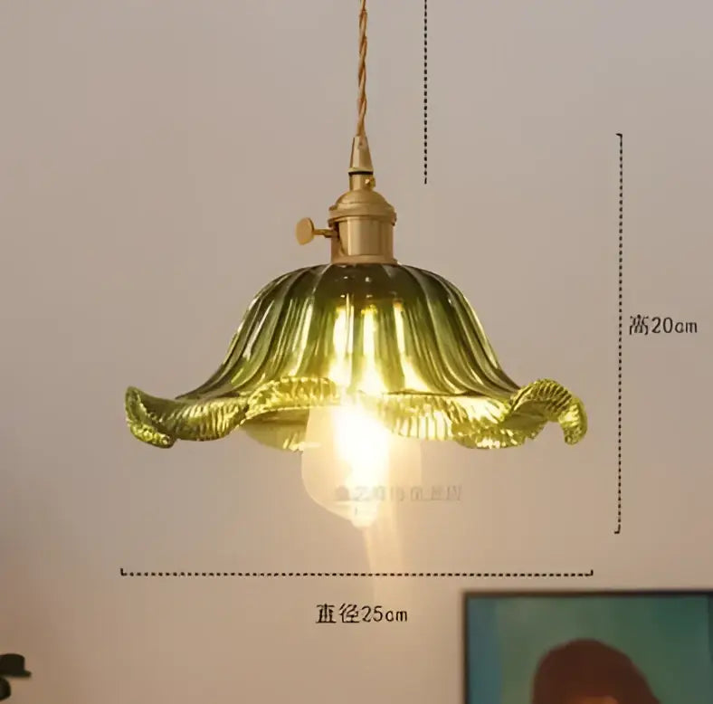 Floral green glass pendant lights for living room in golden brass