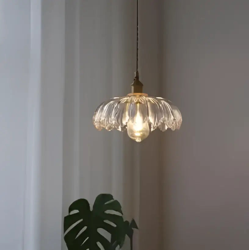 Floral green glass pendant lights for living room in golden brass