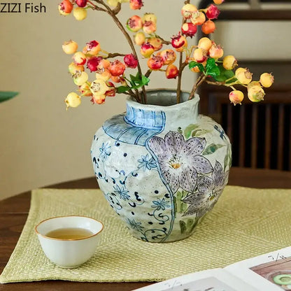 Floral hand painted ceramic vase with artificial flowers living room