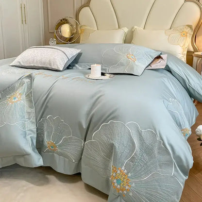 Floral ivory embroidered egyptian cotton bedding set for bedroom