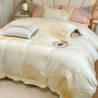 Floral ivory embroidered egyptian cotton bedding set for bedroom