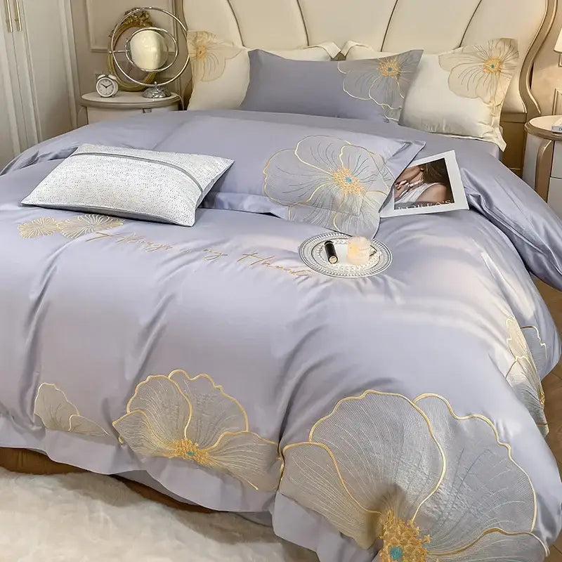 Floral ivory embroidered egyptian cotton bedding set for bedroom