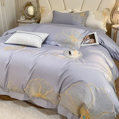 Floral ivory embroidered egyptian cotton bedding set for bedroom
