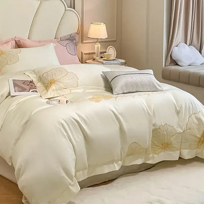 Floral ivory embroidered egyptian cotton bedding set for bedroom