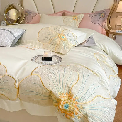 Floral ivory embroidered egyptian cotton bedding set for bedroom