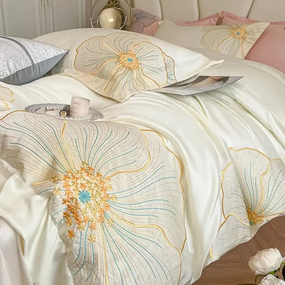 Floral ivory embroidered egyptian cotton bedding set for bedroom
