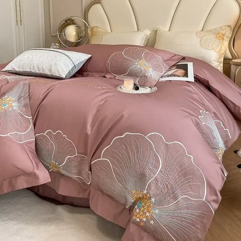Floral ivory embroidered egyptian cotton bedding set for bedroom