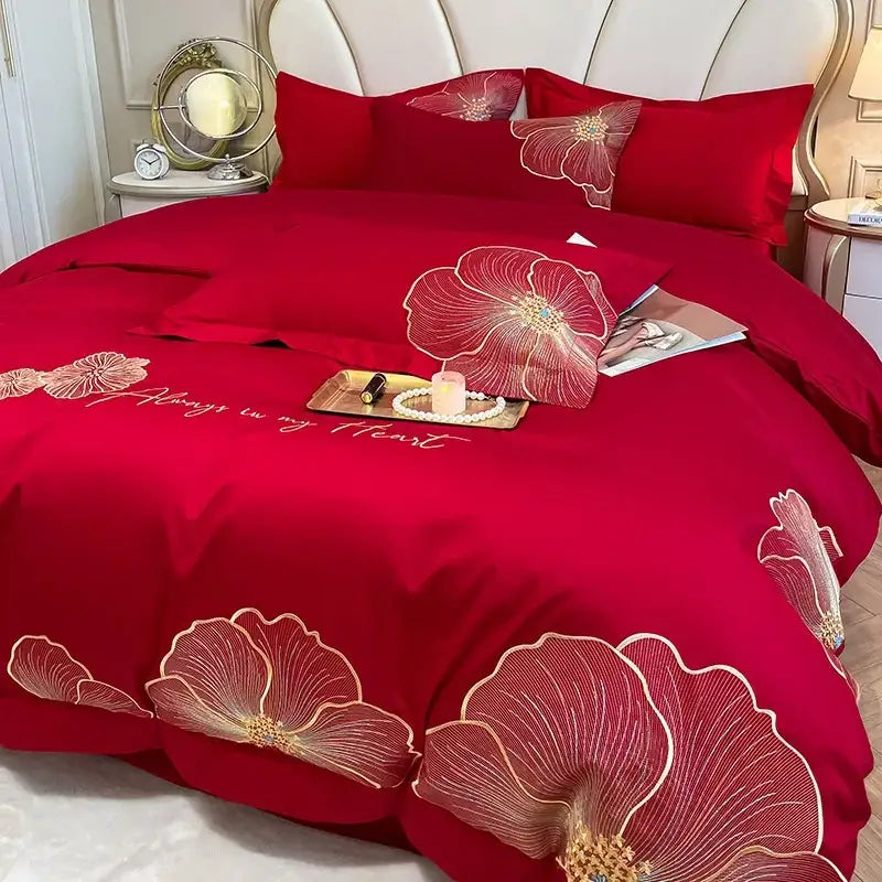 Floral ivory embroidered egyptian cotton bedding set for bedroom