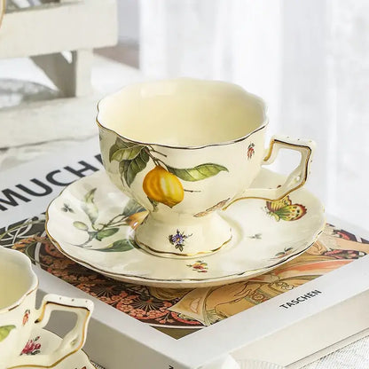 Floral lemon cream porcelain tea set dining room gold trimmed