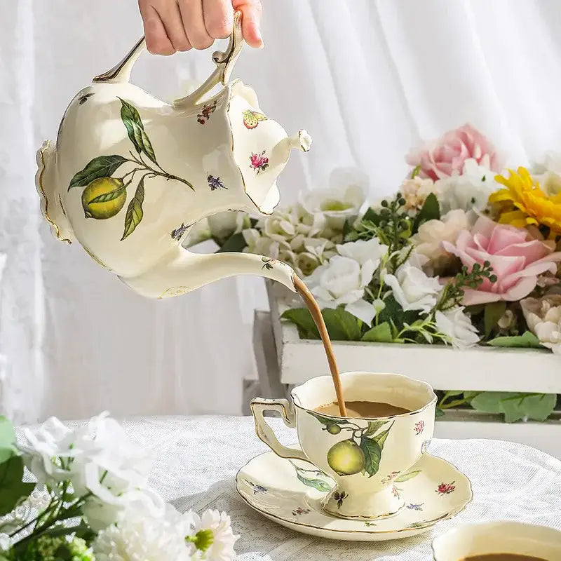 Floral lemon cream porcelain tea set dining room gold trimmed