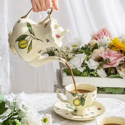 Floral lemon cream porcelain tea set dining room gold trimmed