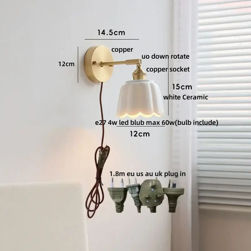 Floral light blue glass wall light fixture bedroom gold pull chain