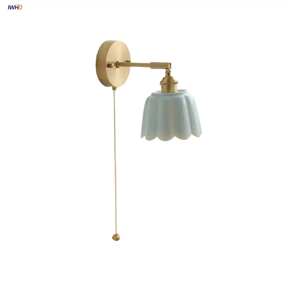 Floral light blue glass wall light fixture bedroom gold pull chain