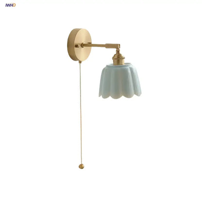 Floral light blue glass wall light fixture bedroom gold pull chain