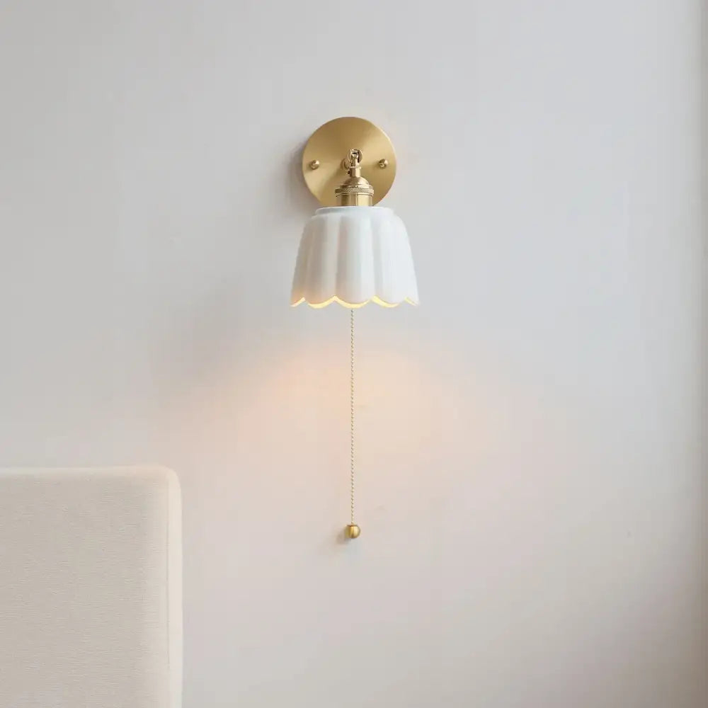 Floral light blue glass wall light fixture bedroom gold pull chain