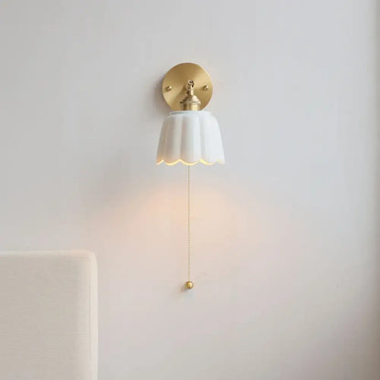 Floral light blue glass wall light fixture bedroom gold pull chain