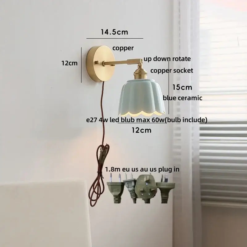 Floral light blue glass wall light fixture bedroom gold pull chain