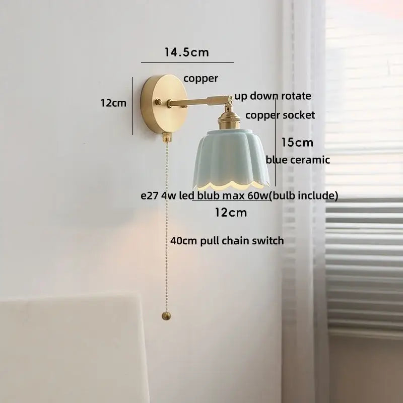 Floral light blue glass wall light fixture bedroom gold pull chain