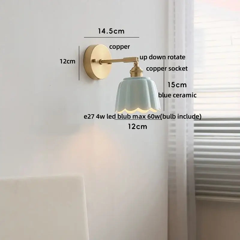 Floral light blue glass wall light fixture bedroom gold pull chain