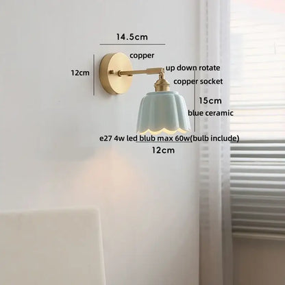 Floral light blue glass wall light fixture bedroom gold pull chain
