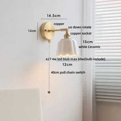 Floral light blue glass wall light fixture bedroom gold pull chain