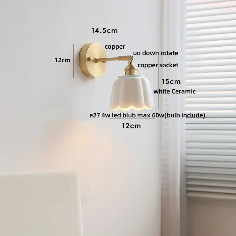 Floral light blue glass wall light fixture bedroom gold pull chain