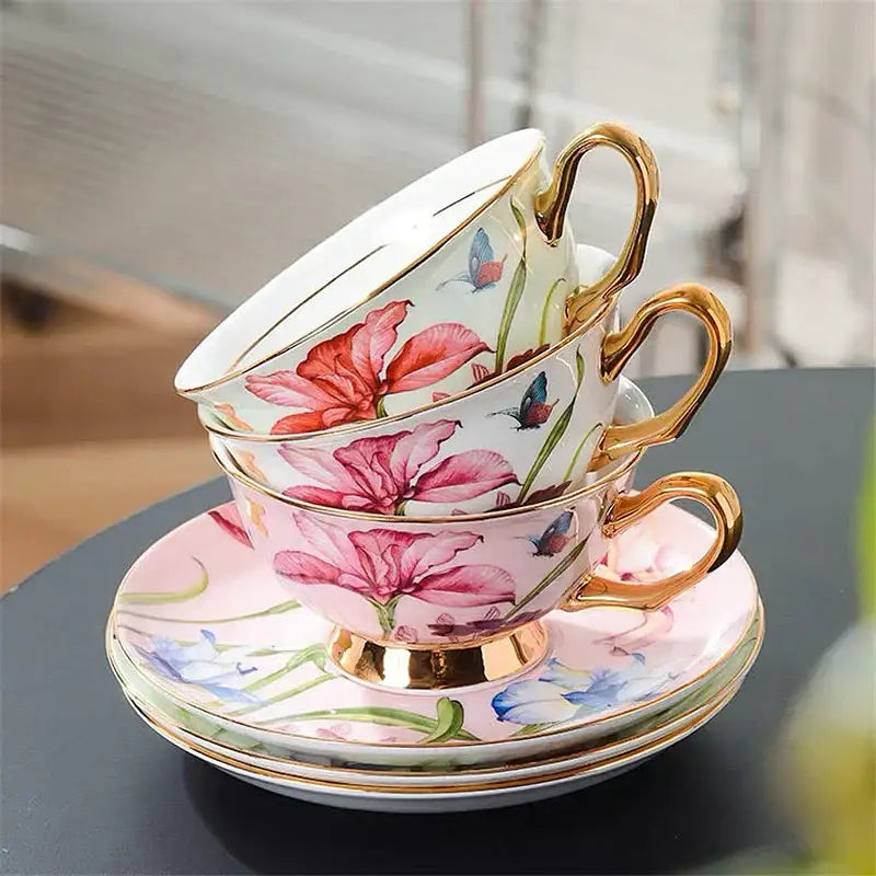 Floral lily flower tea set with gold rim – dining room porcelain mug
