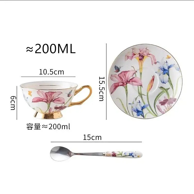 Floral lily flower tea set with gold rim – dining room porcelain mug