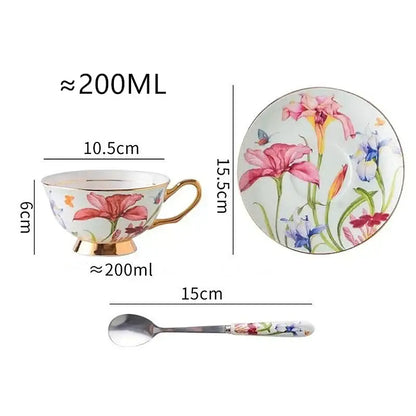 Floral lily flower tea set with gold rim – dining room porcelain mug