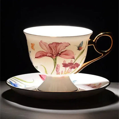 Floral lily flower tea set with gold rim – dining room porcelain mug