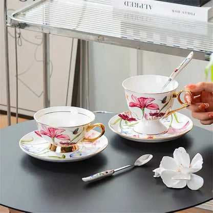 Floral lily flower tea set with gold rim – dining room porcelain mug
