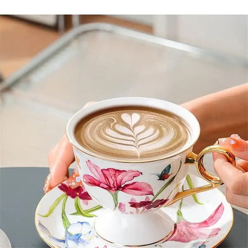 Floral lily flower tea set with gold rim – dining room porcelain mug