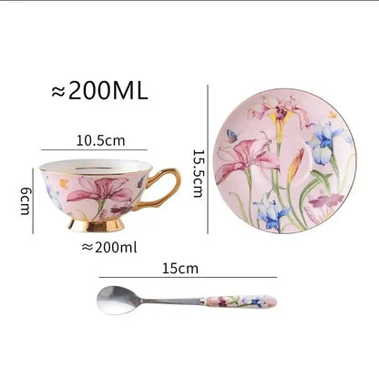 Floral lily flower tea set with gold rim – dining room porcelain mug