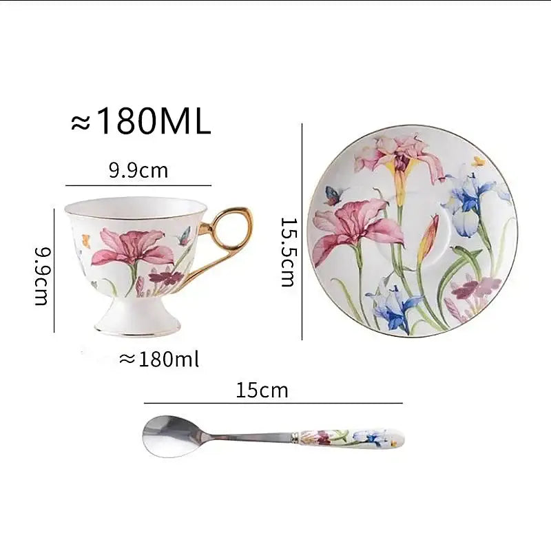 Floral lily flower tea set with gold rim – dining room porcelain mug