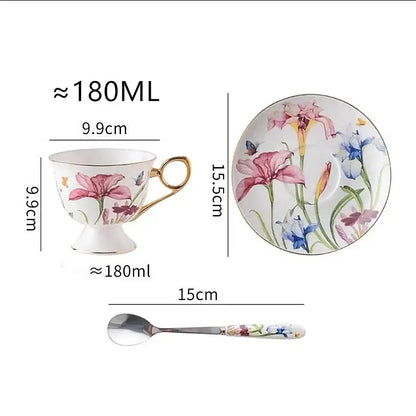 Floral lily flower tea set with gold rim – dining room porcelain mug