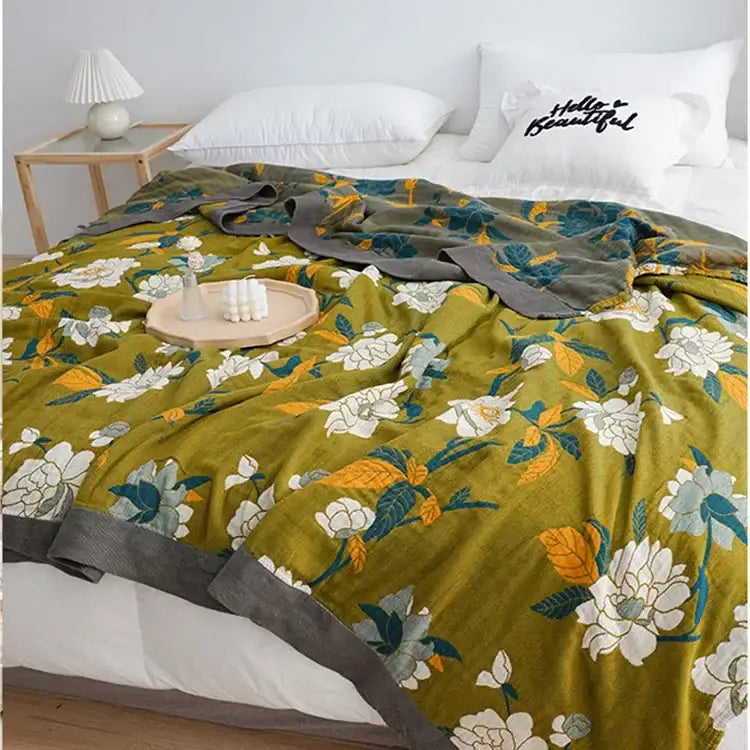 Floral mustard & white cotton throw blanket bedroom quilt