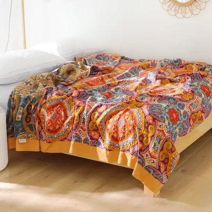 Floral mustard & white cotton throw blanket bedroom quilt