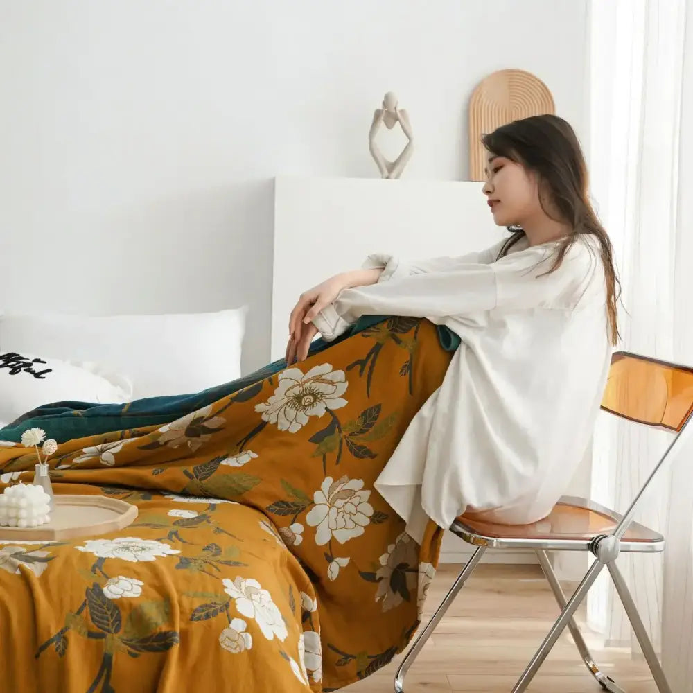Floral mustard & white cotton throw blanket bedroom quilt