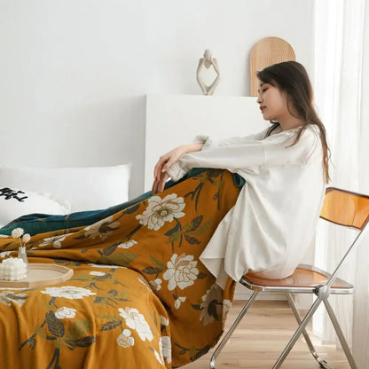 Floral mustard & white cotton throw blanket bedroom quilt