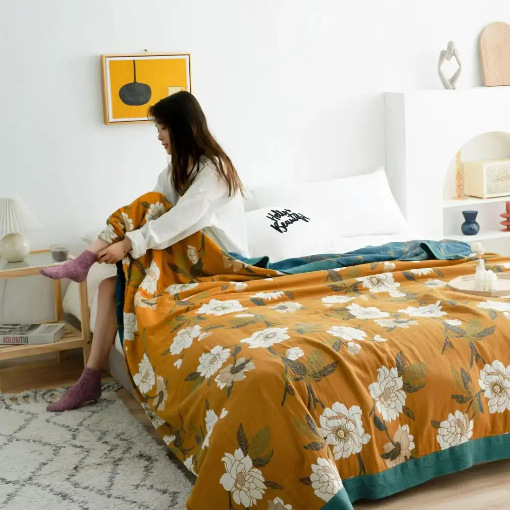 Floral mustard & white cotton throw blanket bedroom quilt